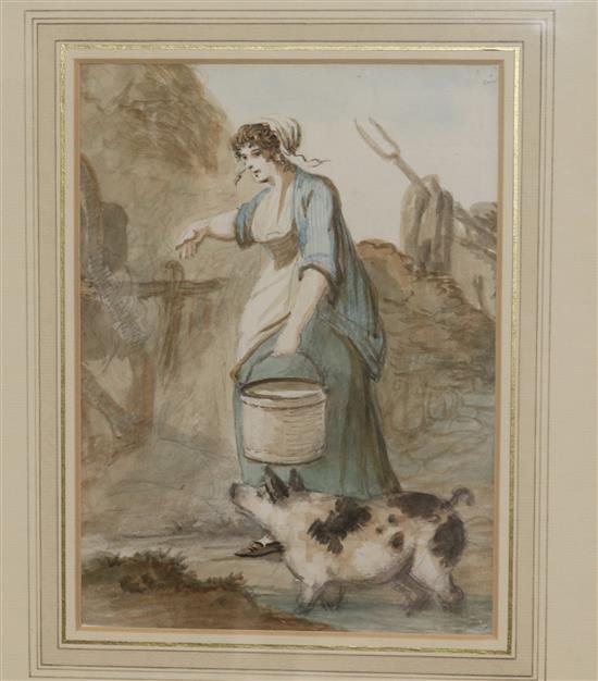 Henry William Bunbury (1750-1811) A woman carrying a bucket with a pig at her side 8.5 x 6.5in.